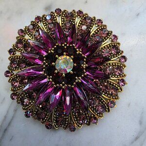 Vintage Statement Brooch Purple Rhinestone Flower Gold Tone Large Pin